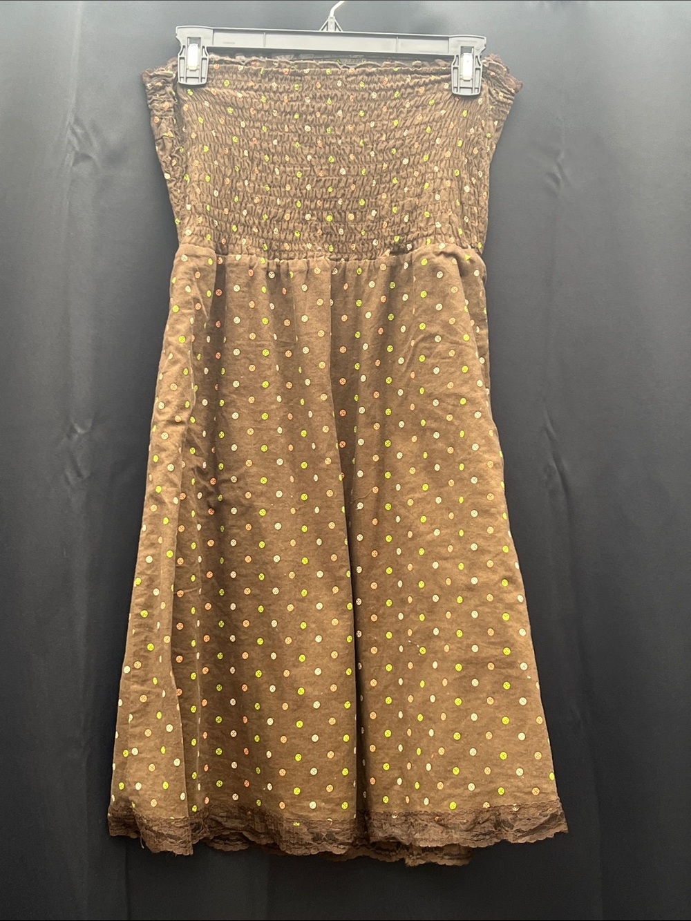 lola Brown Strapless Polka Dot Dress with Yellow Dots